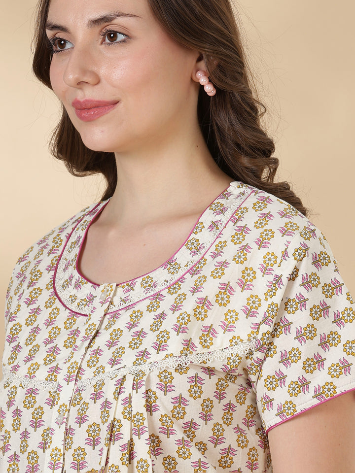 Leaf pink comfortable 100% pure cotton nighty for ladies