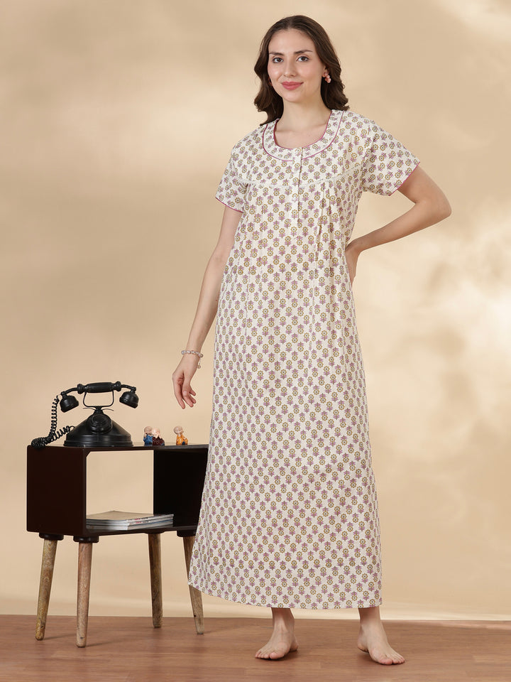 Leaf pink comfortable 100% pure cotton nighty for ladies