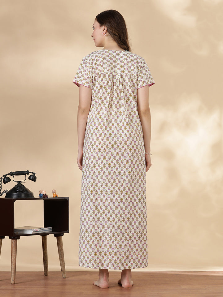 Leaf pink comfortable 100% pure cotton nighty for ladies