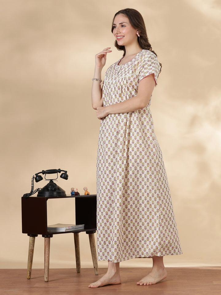 Leaf pink comfortable 100% pure cotton nighty for ladies