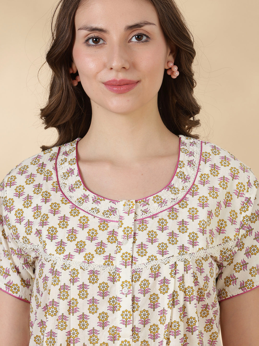 Leaf pink comfortable 100% pure cotton nighty for ladies