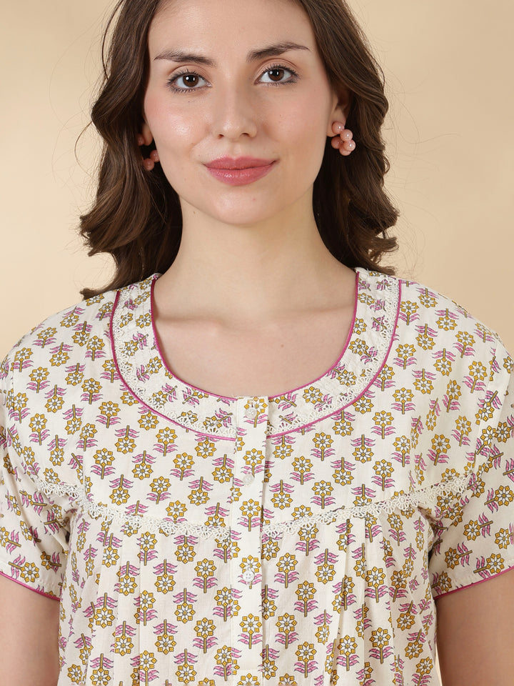 Leaf pink comfortable 100% pure cotton nighty for ladies