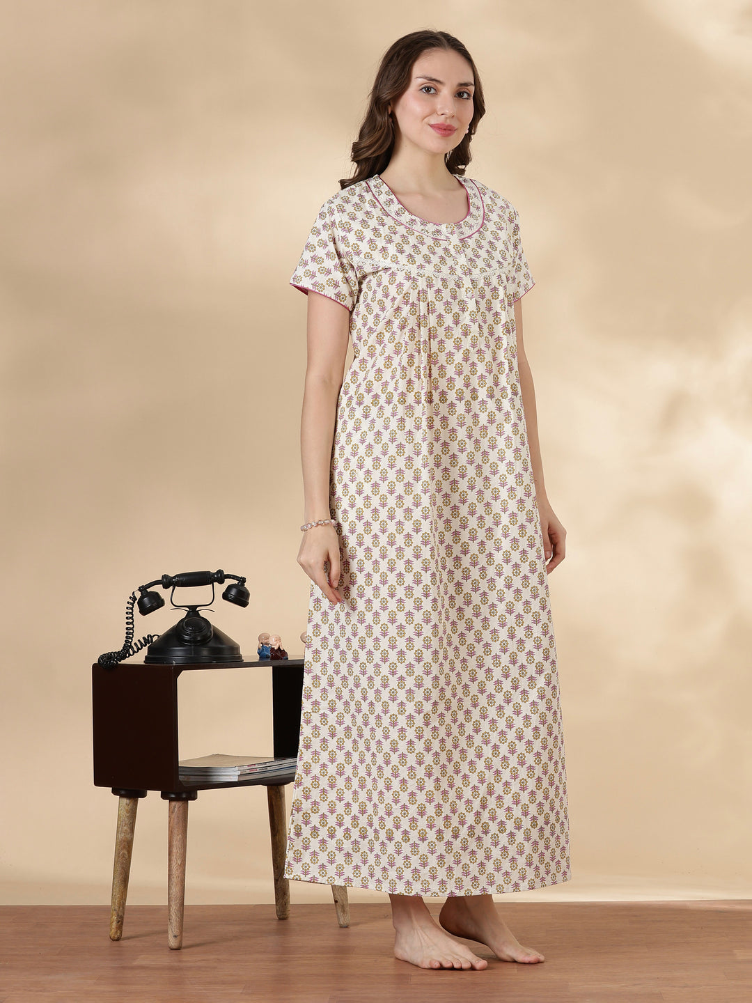 Leaf pink comfortable 100% pure cotton nighty for ladies