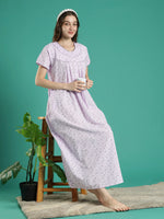 Lilac Floral Pure Cotton Soft Breathable Night Dress for Women