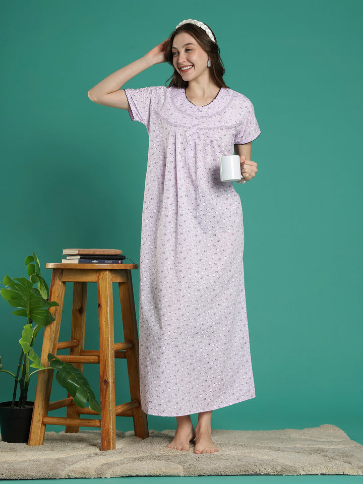 Lilac floral pure cotton nighty for women for summer