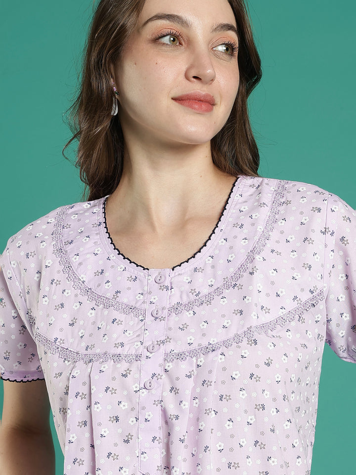 Lilac floral pure cotton nighty for women for summer