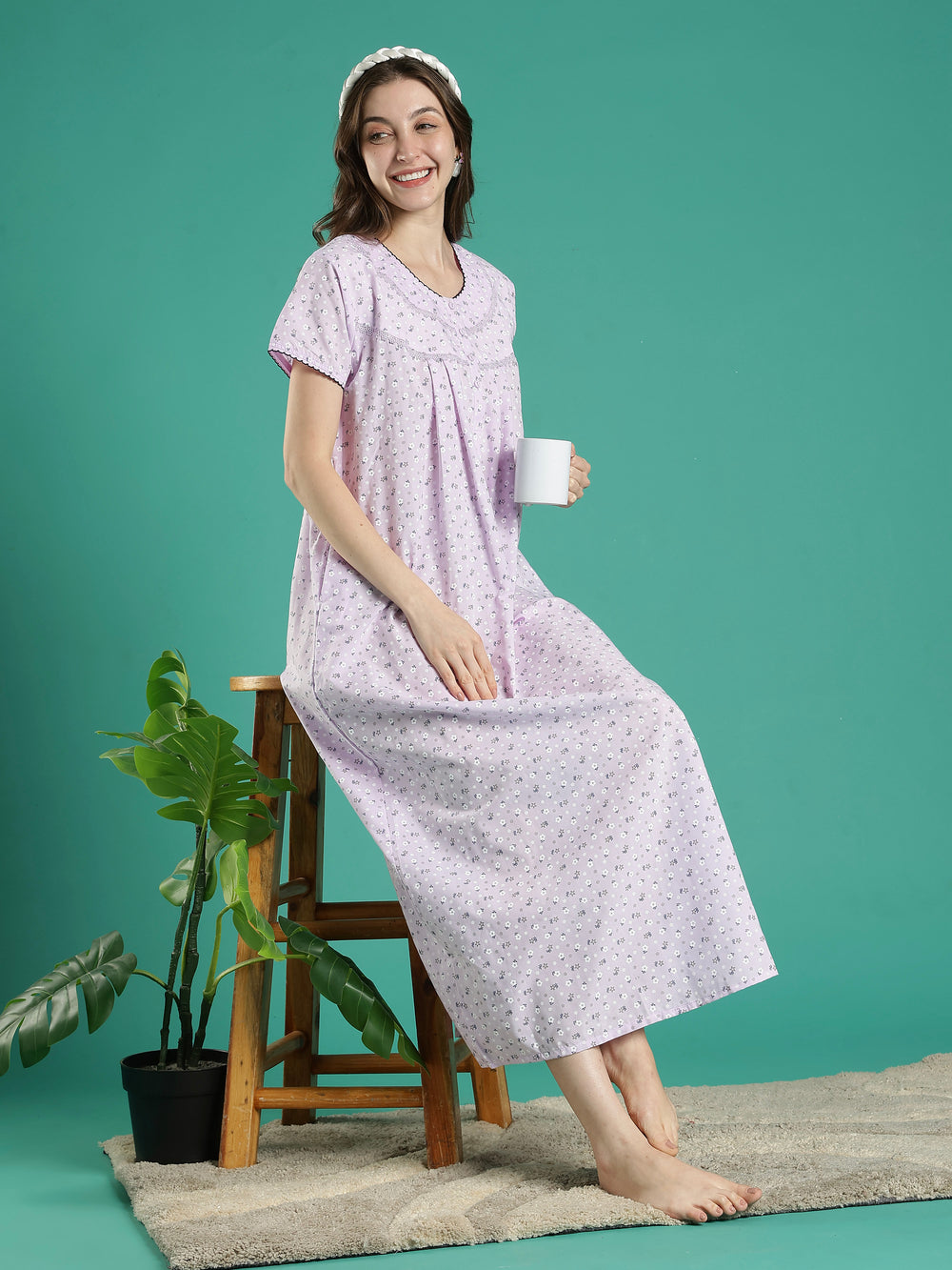 Lilac floral pure cotton nighty for women for summer