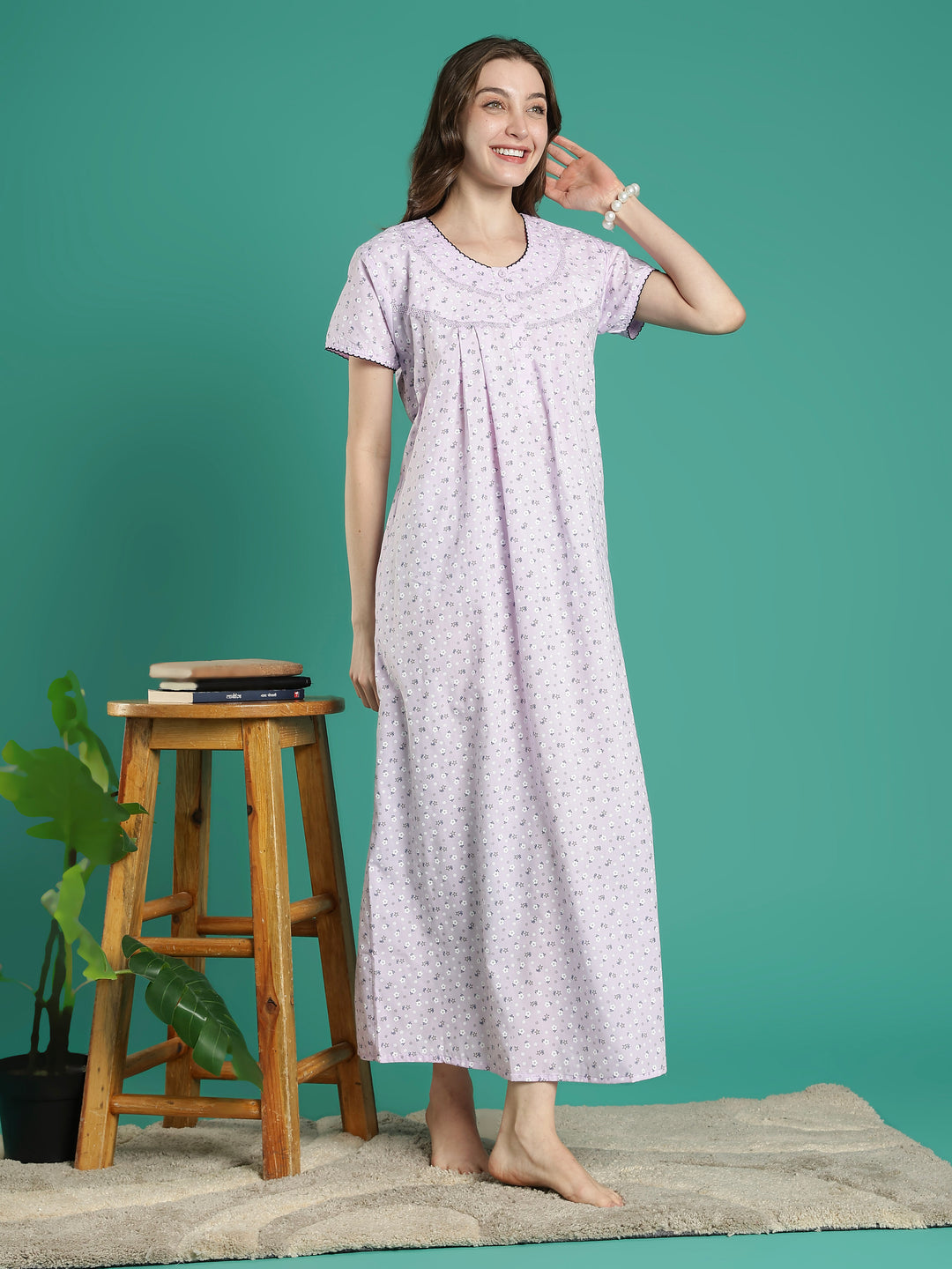 Lilac floral pure cotton nighty for women for summer