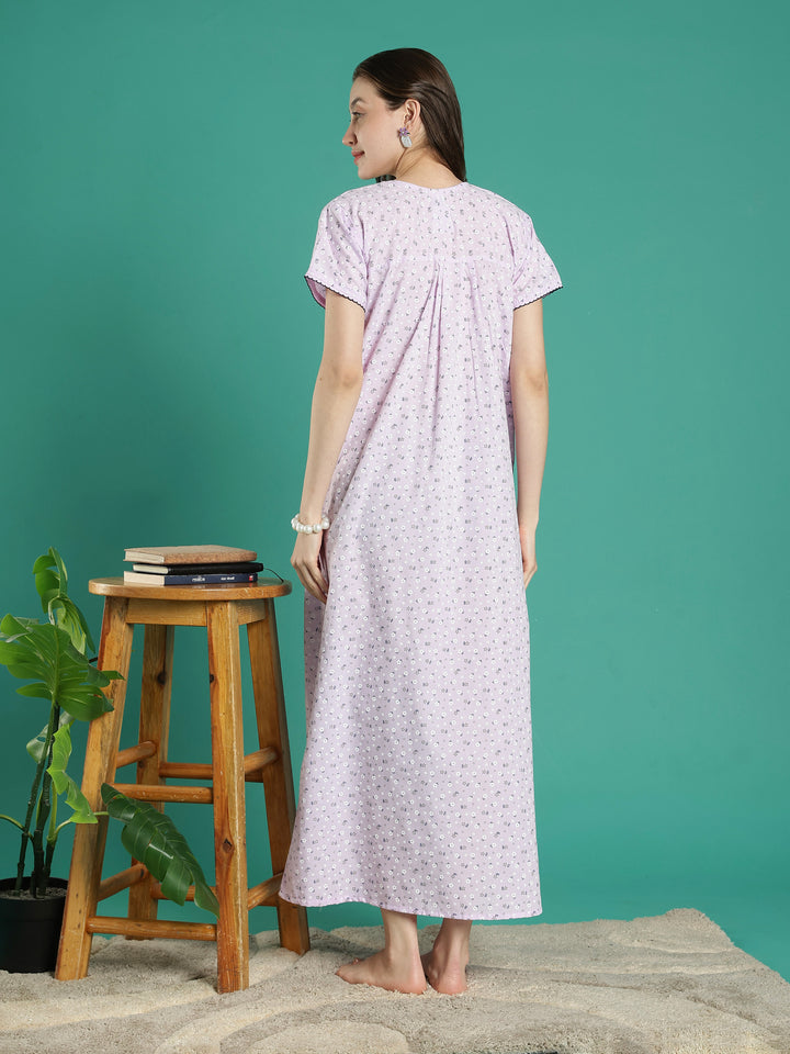 Lilac floral pure cotton nighty for women for summer