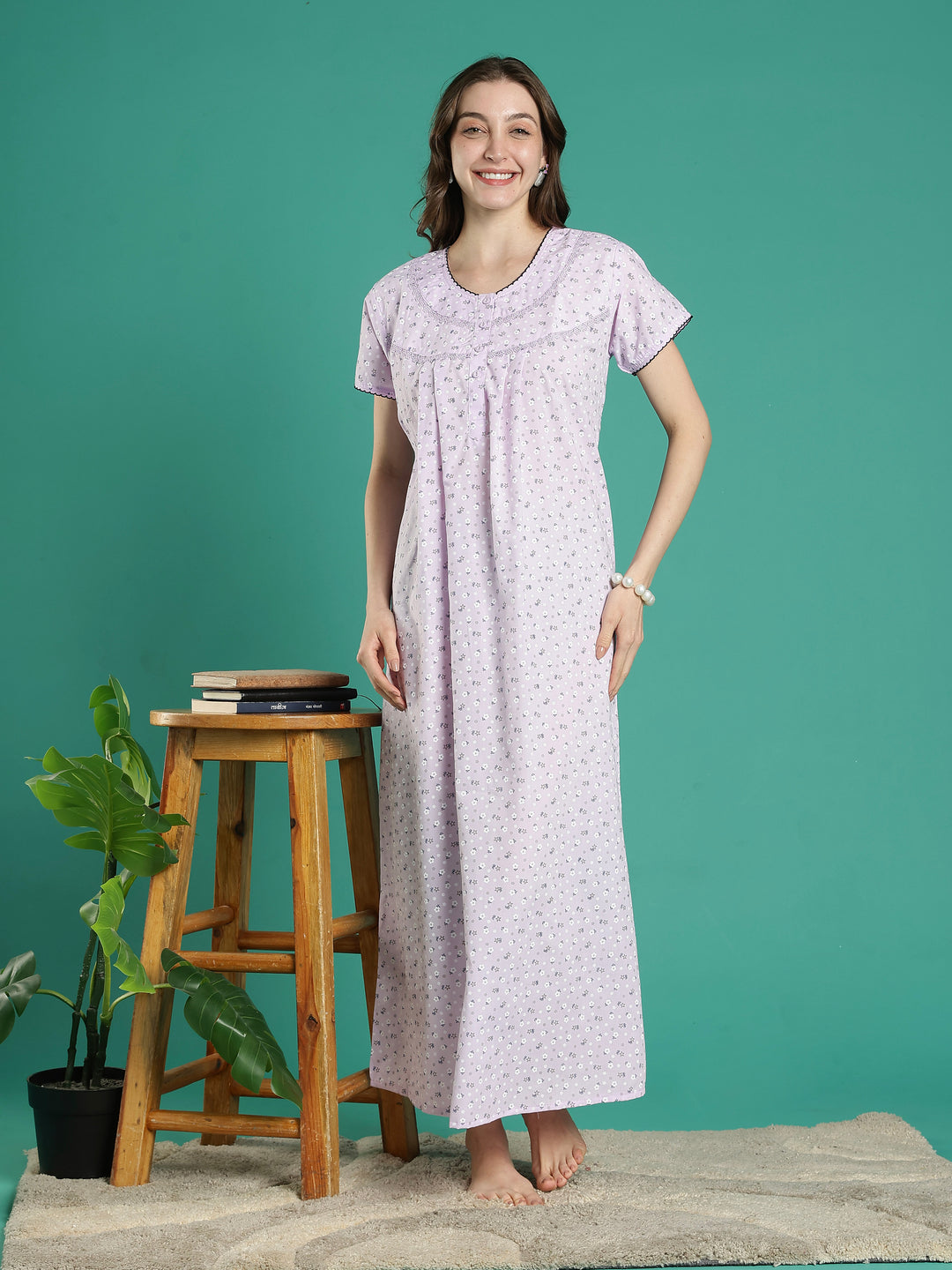 Lilac floral pure cotton nighty for women for summer
