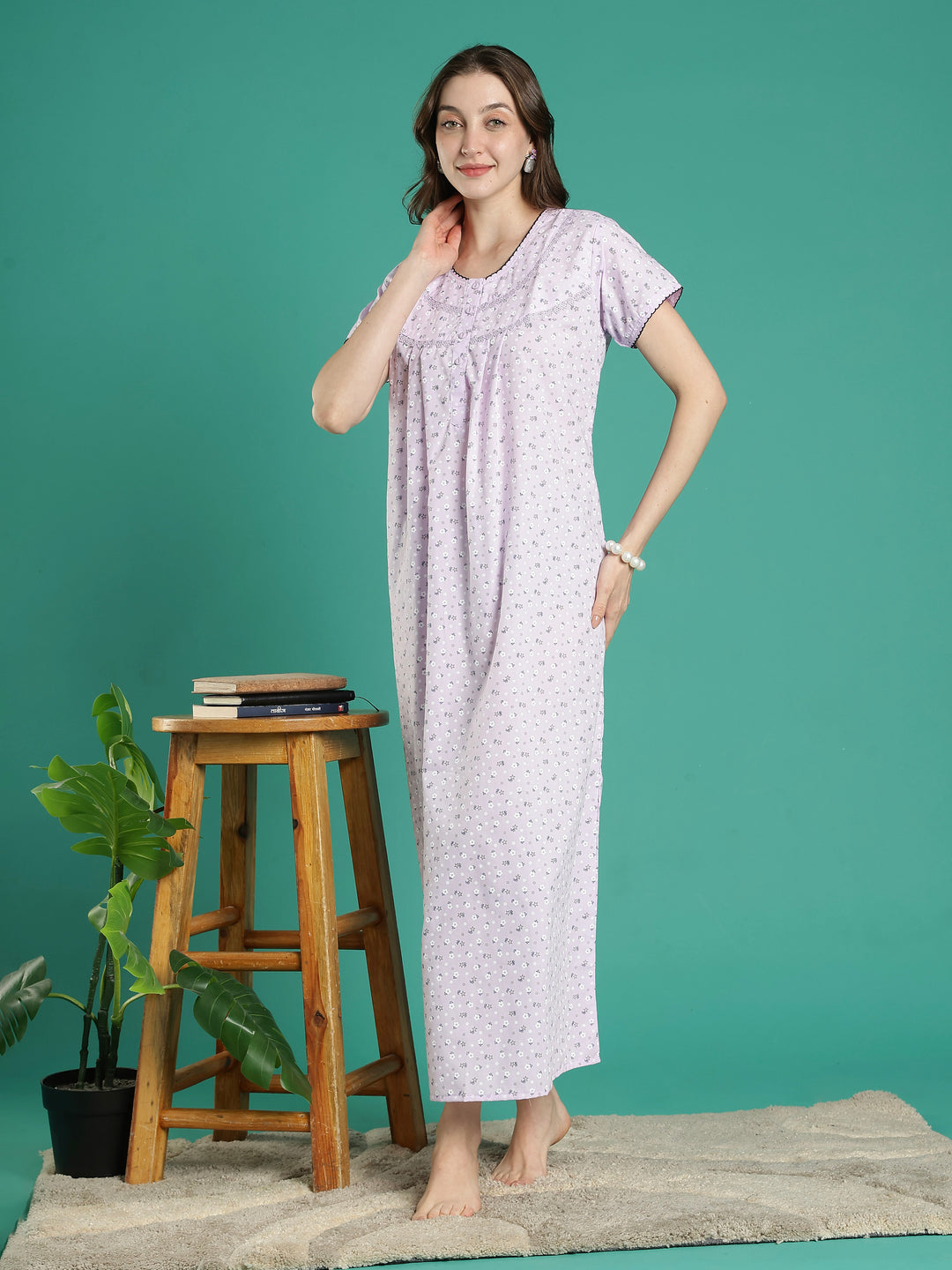 Lilac floral pure cotton nighty for women for summer