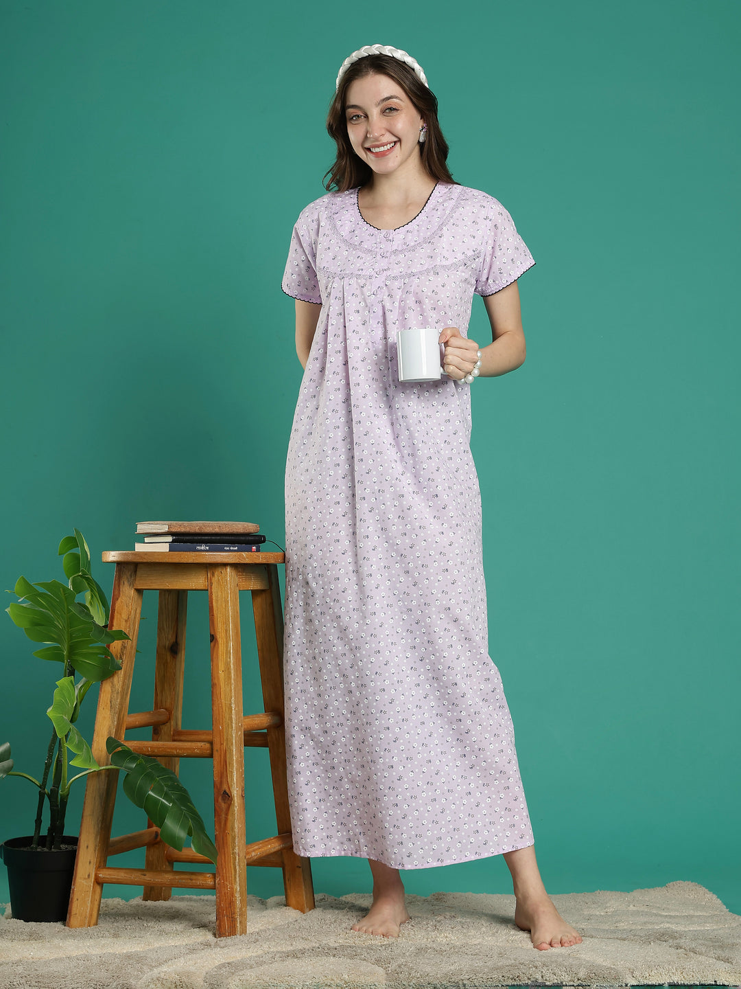 Lilac floral pure cotton nighty for women for summer