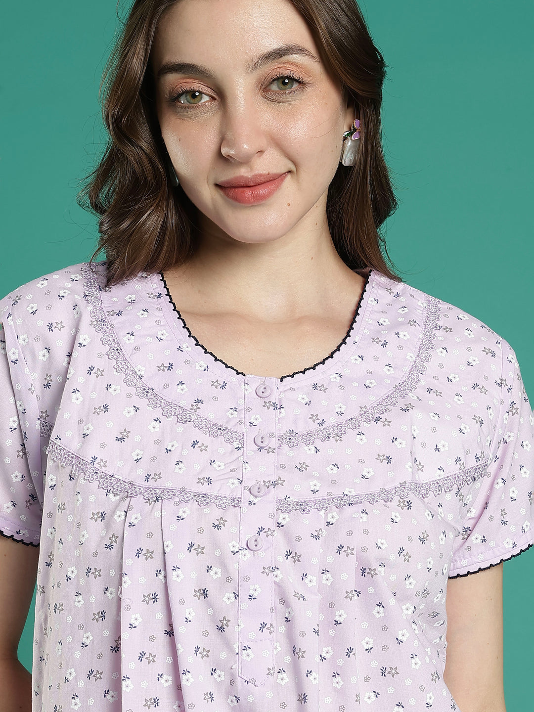 Lilac floral pure cotton nighty for women for summer