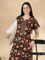 Black Floral Cotton Nighty for Women with Embroidered Neck
