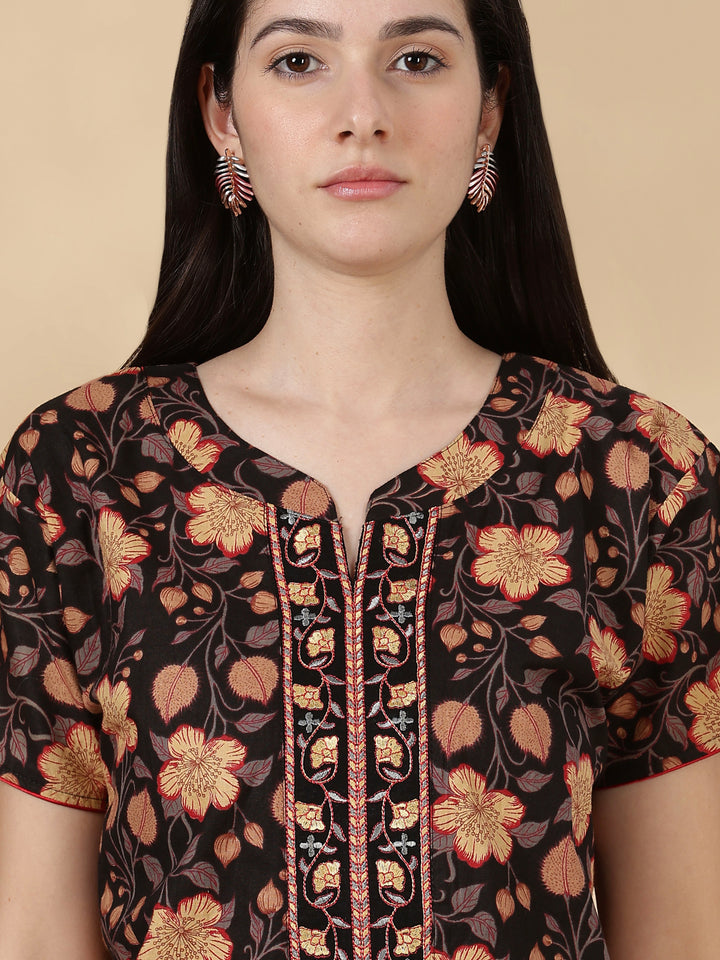 Black floral pure cotton soft nightwear for women