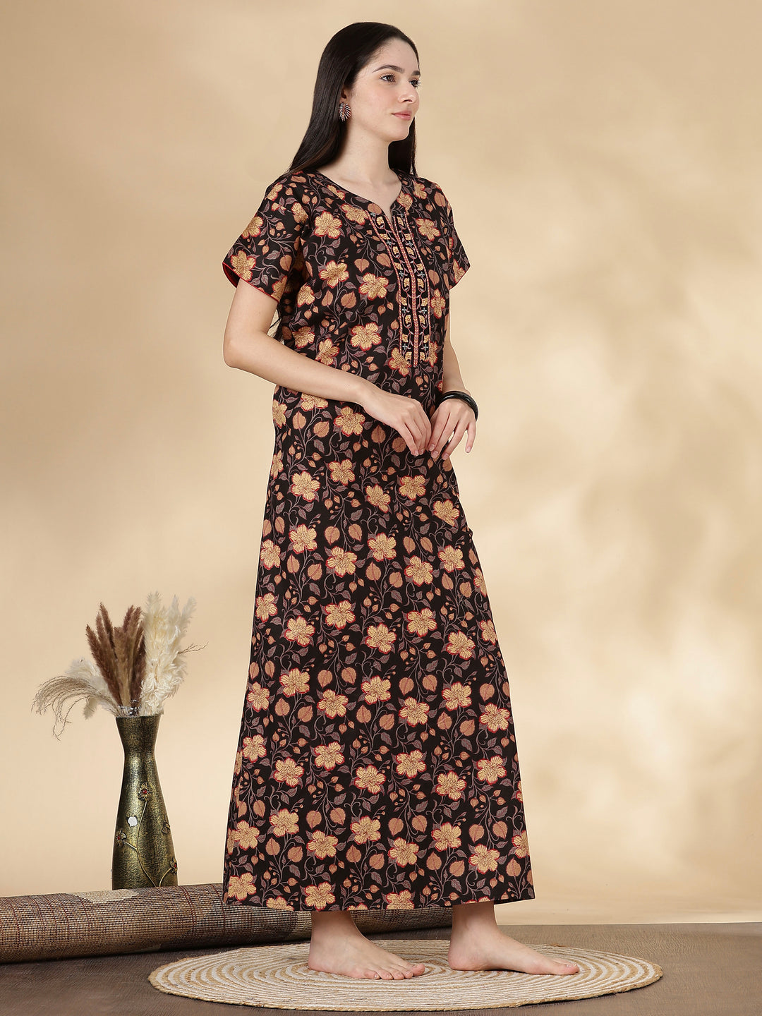 Black floral pure cotton soft nightwear for women