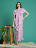 Light Purple Floral Hakoba Cotton Viscose Nighty for Women