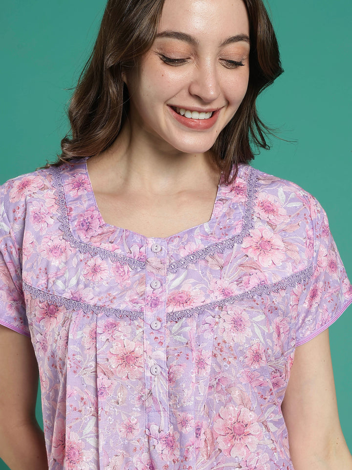 Light purple floral hakoba cotton viscose summer nightwear