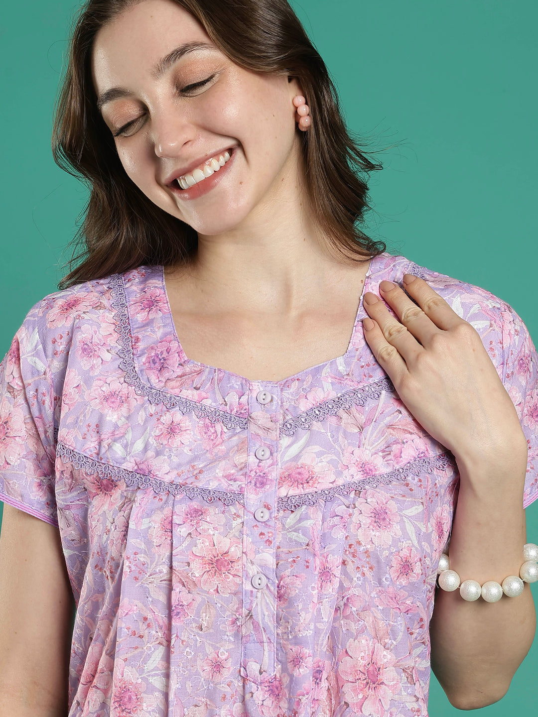Light purple floral hakoba cotton viscose summer nightwear