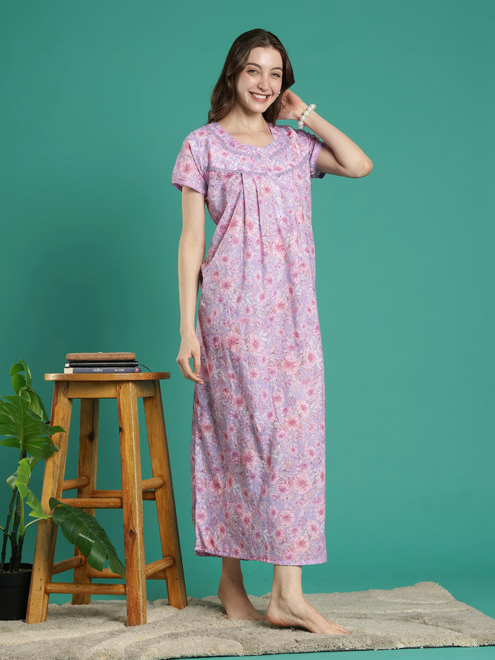 Light purple floral hakoba cotton viscose summer nightwear