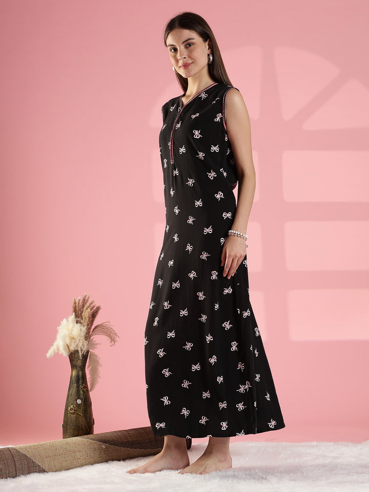 Noir bow print sleeveless summer nightwear for women