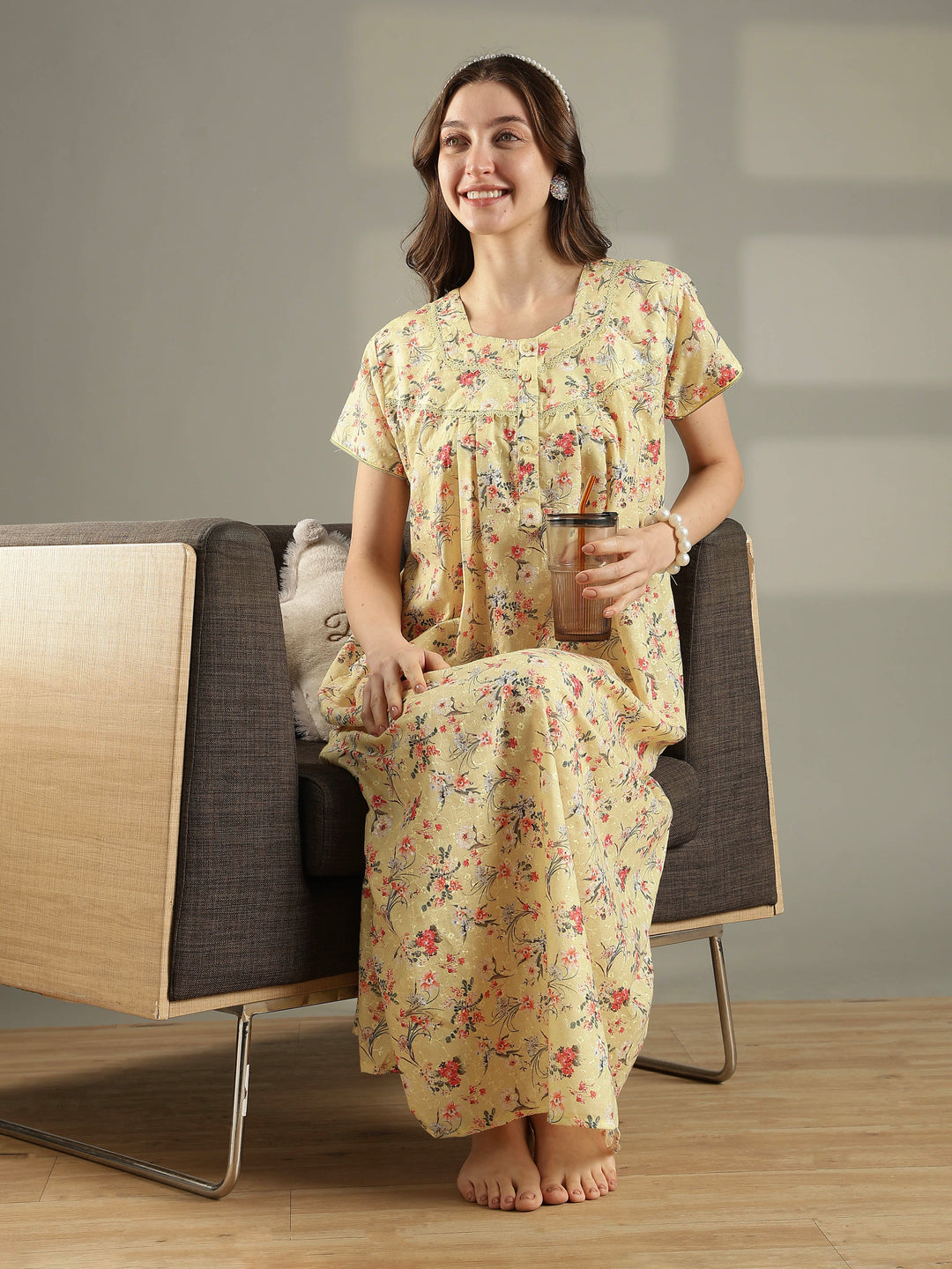 Yellow floral 100% pure cotton nighty for women for summer