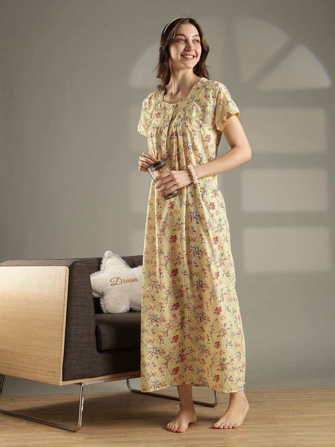 Yellow floral 100% pure cotton nighty for women for summer