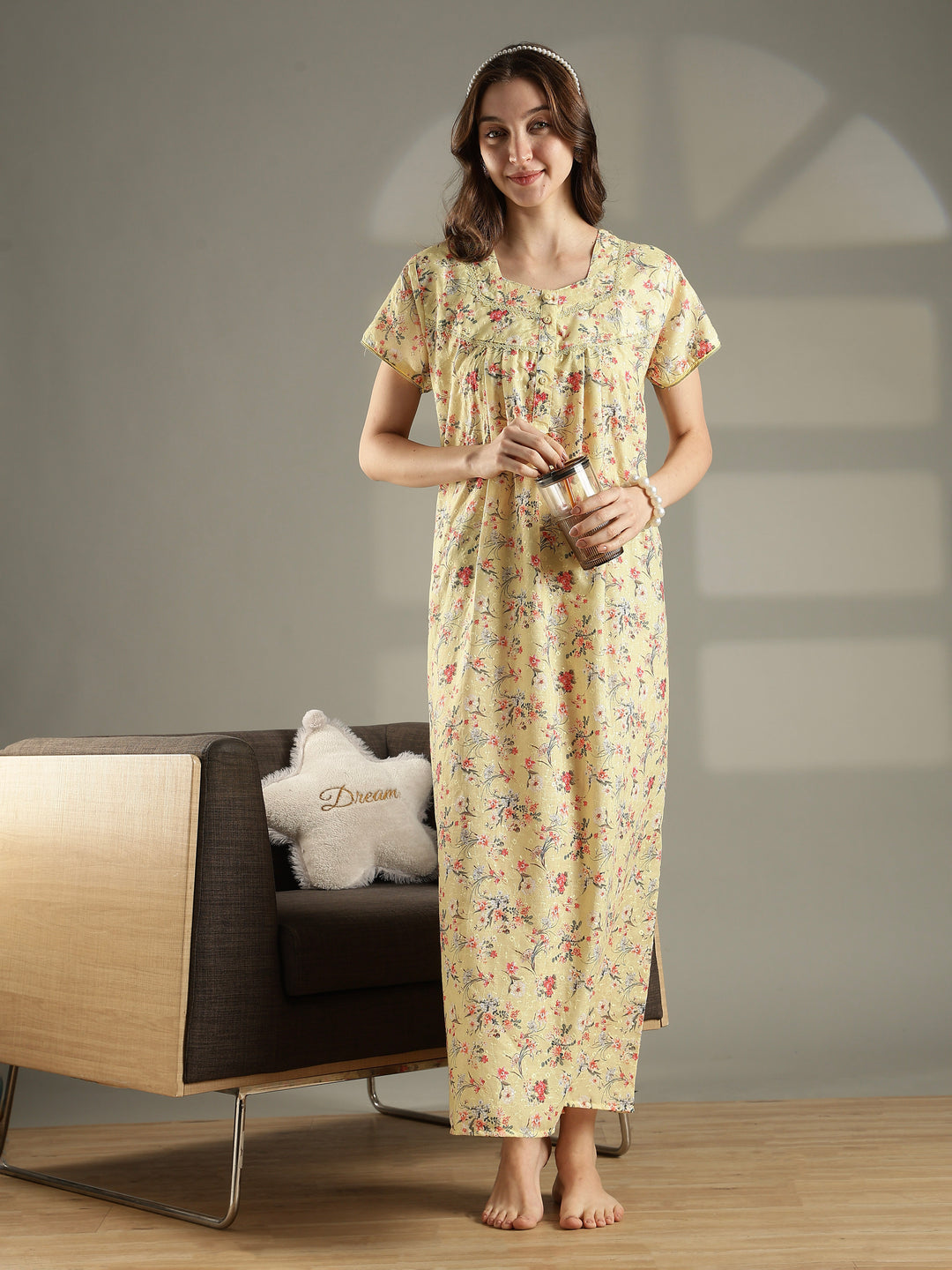 Yellow floral 100% pure cotton nighty for women for summer