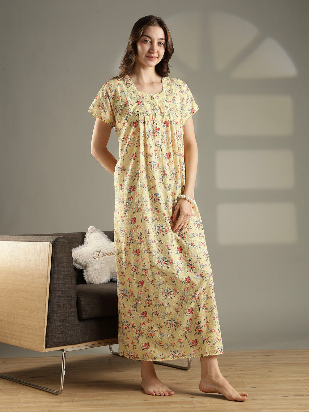 Yellow floral 100% pure cotton nighty for women for summer