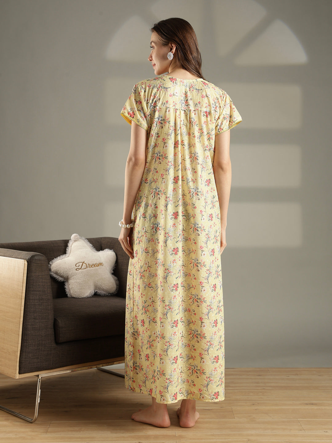 Yellow floral 100% pure cotton nighty for women for summer