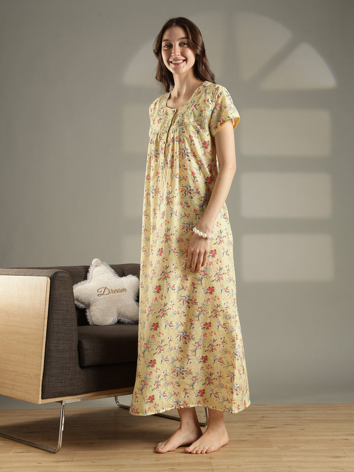 Yellow floral 100% pure cotton nighty for women for summer