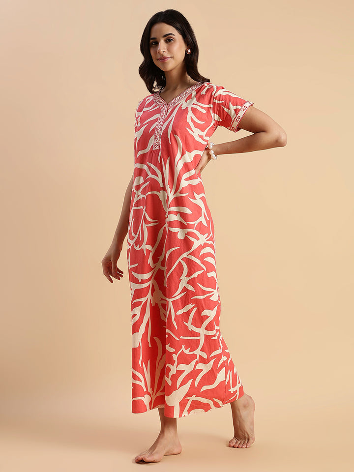 Sunset Ember Leaf Print Pure Cotton Nighties for Women