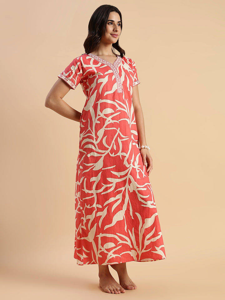 Sunset Ember Leaf Print Pure Cotton Nighties for Women