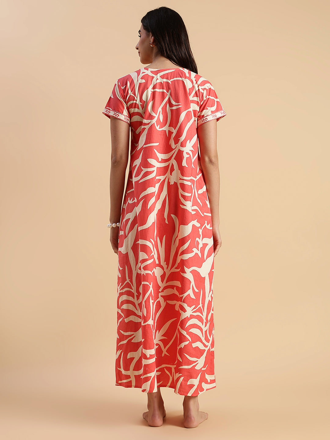 Sunset Ember Leaf Print Pure Cotton Nighties for Women