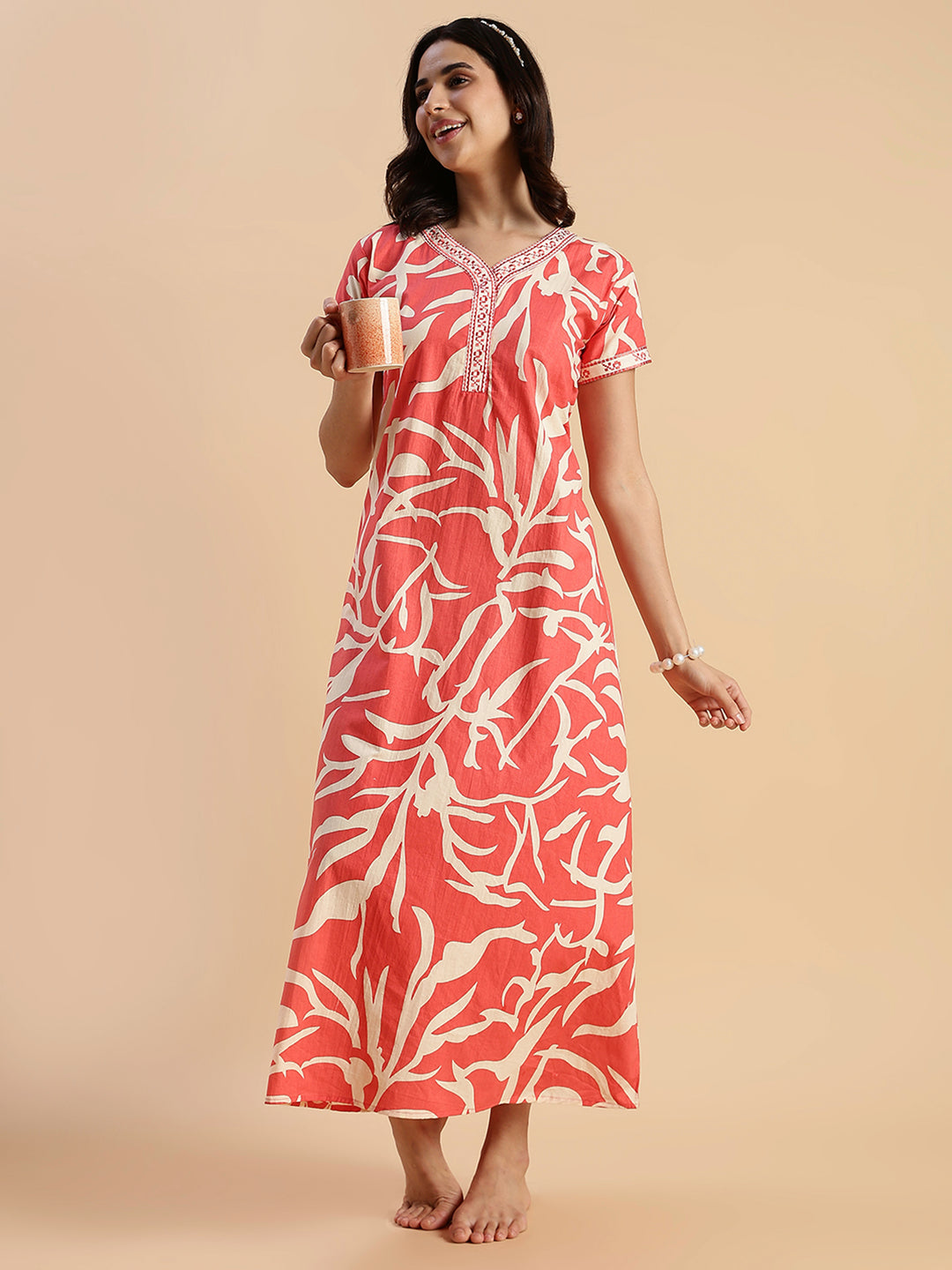 Sunset Ember Leaf Print Pure Cotton Nighties for Women