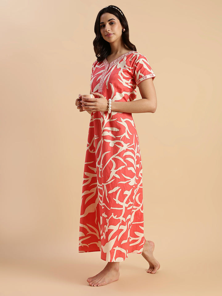 Sunset Ember Leaf Print Pure Cotton Nighties for Women