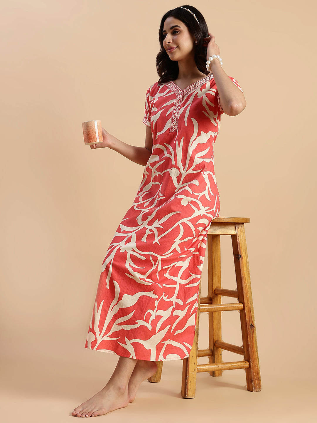 Sunset Ember Leaf Print Pure Cotton Nighties for Women