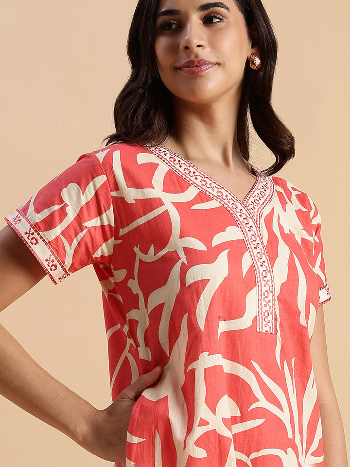 Sunset Ember Leaf Print Pure Cotton Nighties for Women