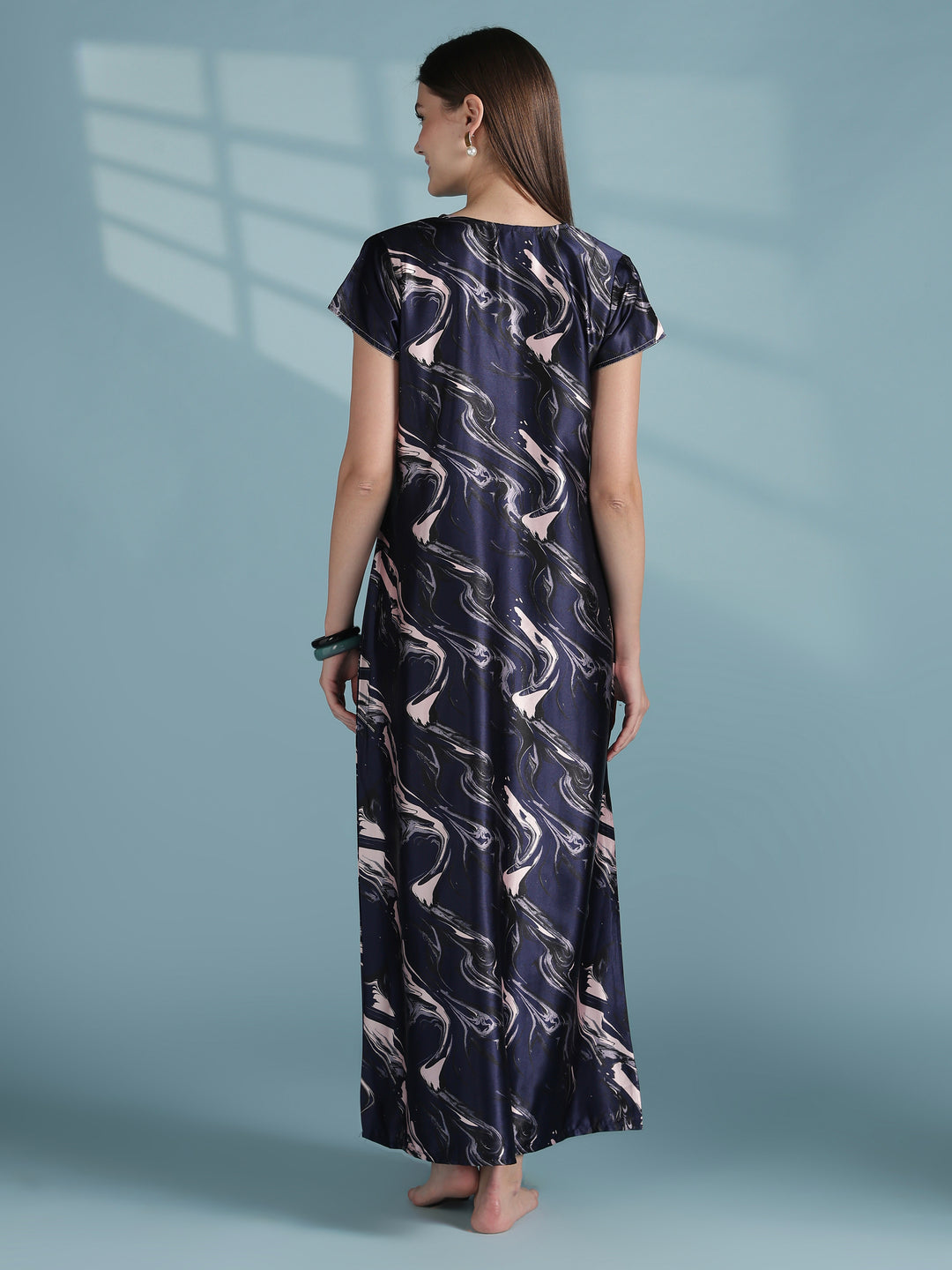 Luxe designer satin nighty for women with swirl prints