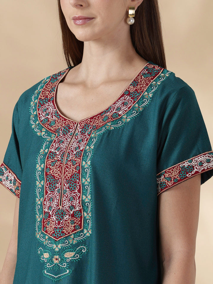 Heritage style alpine embroidered teal night dress for women