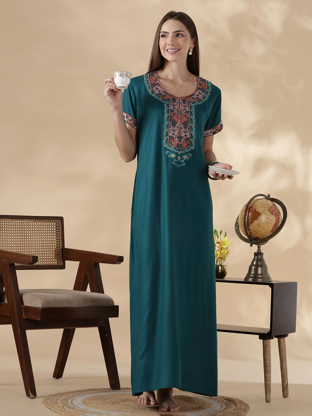 Heritage style alpine embroidered teal night dress for women