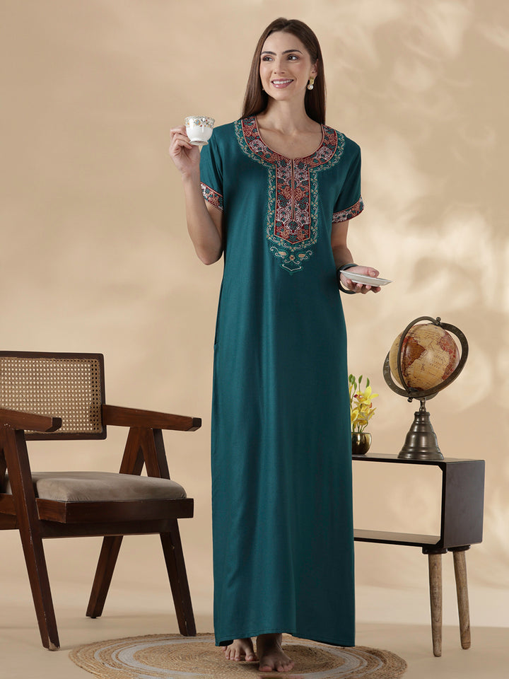Heritage style alpine embroidered teal night dress for women