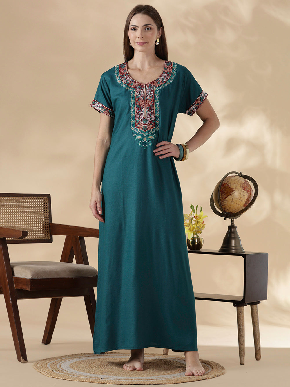 Heritage style alpine embroidered teal night dress for women