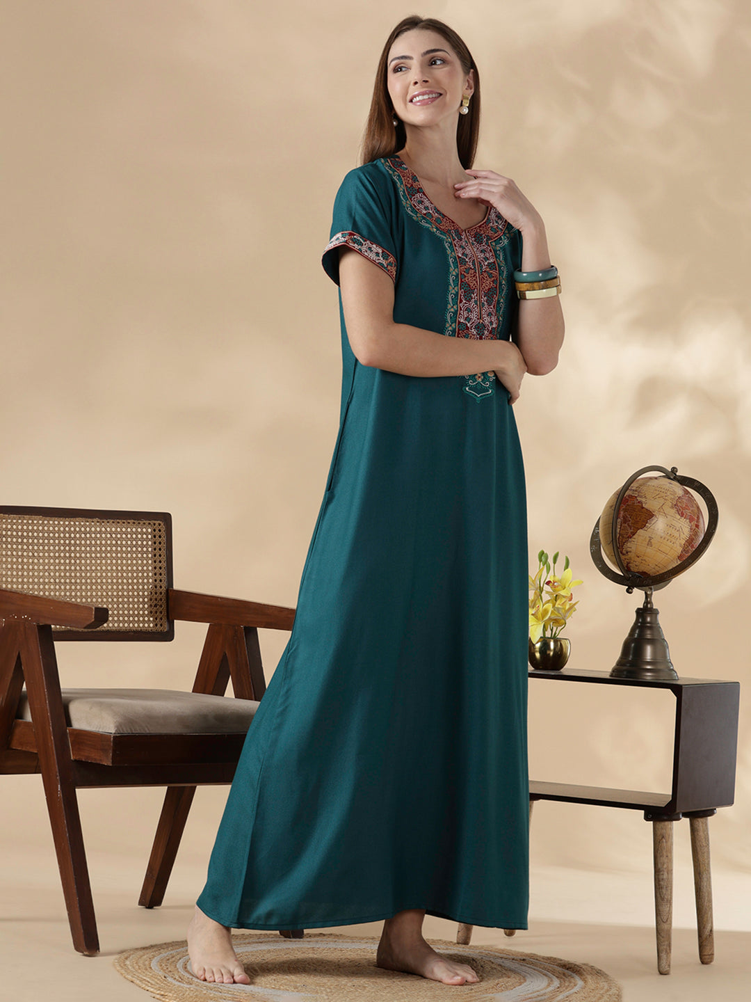 Heritage style alpine embroidered teal night dress for women