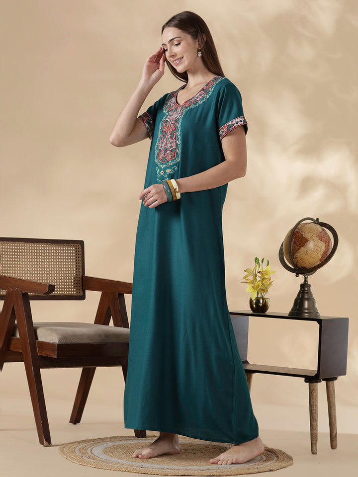 Heritage style alpine embroidered teal night dress for women