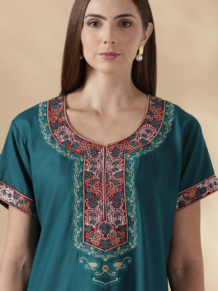 Heritage style alpine embroidered teal night dress for women