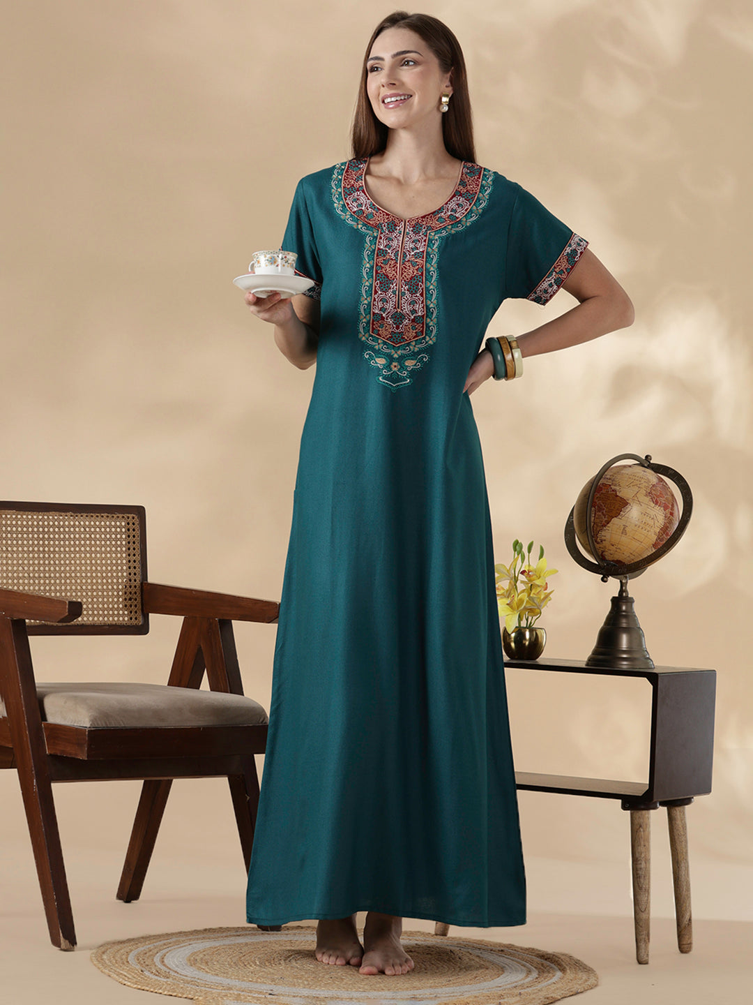 Heritage style alpine embroidered teal night dress for women