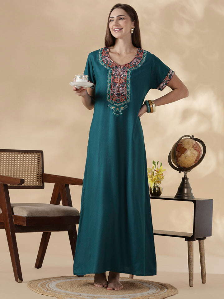 Heritage style alpine embroidered teal night dress for women