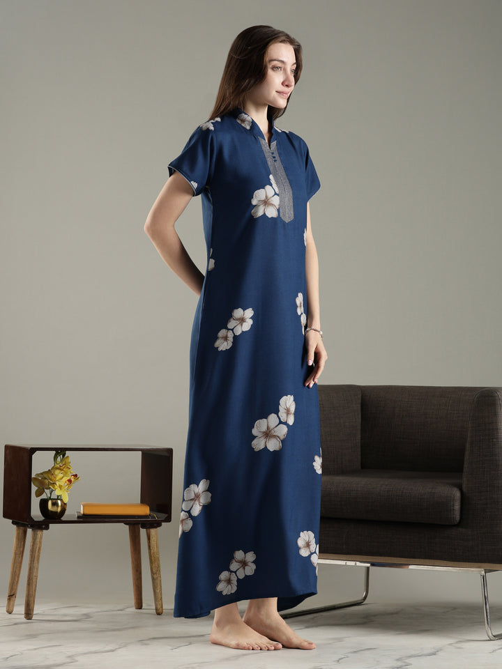 Teal blue alpine floral a-line fancy nighty for women