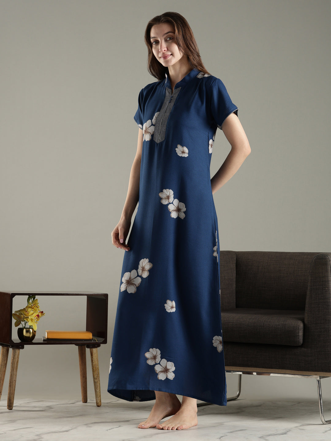 Teal blue alpine floral a-line fancy nighty for women